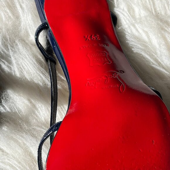 Christian Louboutin Navy Blue Patent Leather Strappy Heels Red Bottoms - Picture 10 of 10